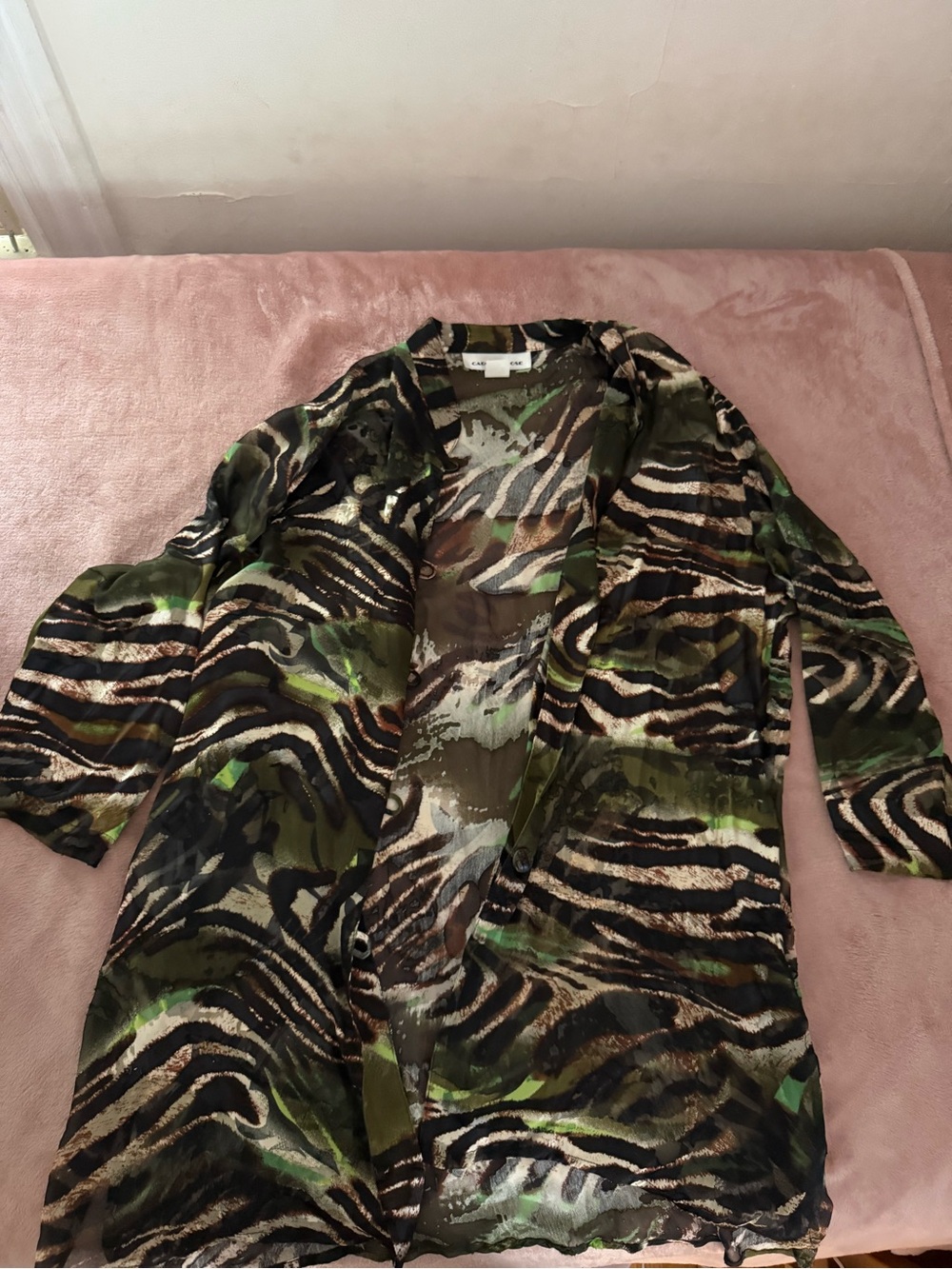 Lightweight Animal-Print Sheer Kimono Jacket - Green/Brown